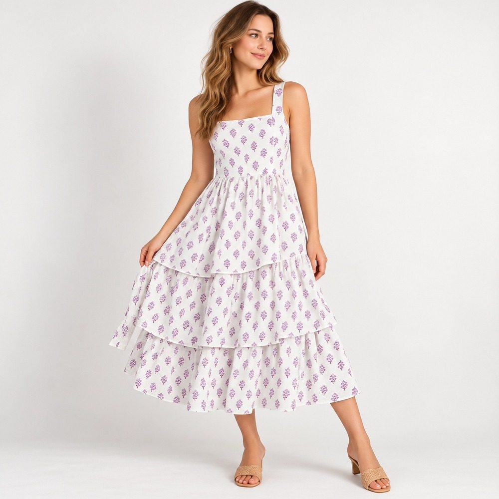 J.Crew Tiered Midi Dress Womens 6 White Purple Floral Block Print Cotton CK670